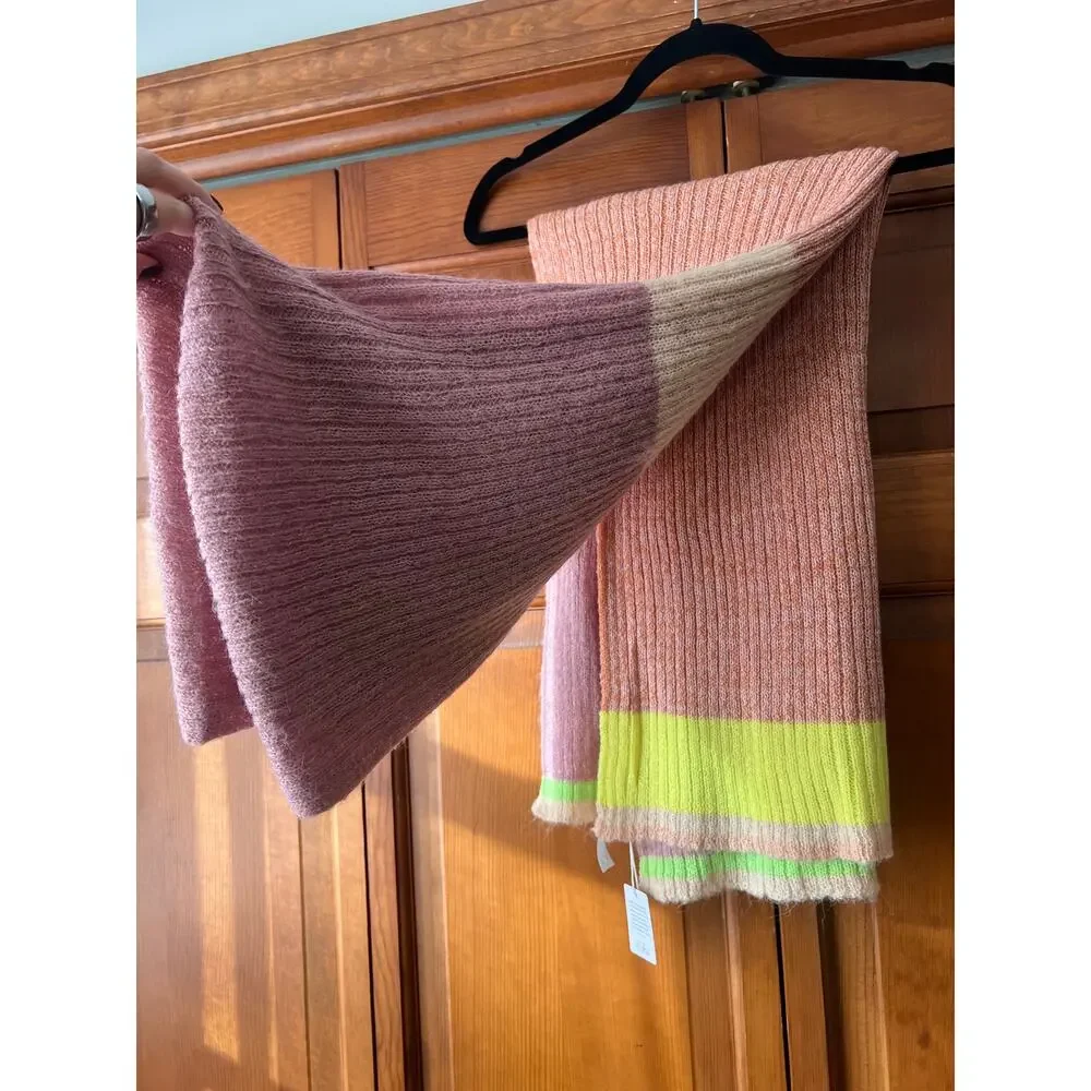 NWT By Anthropologie Colorblock Stripe Wool Blend Scarf Pink Winter Wrap